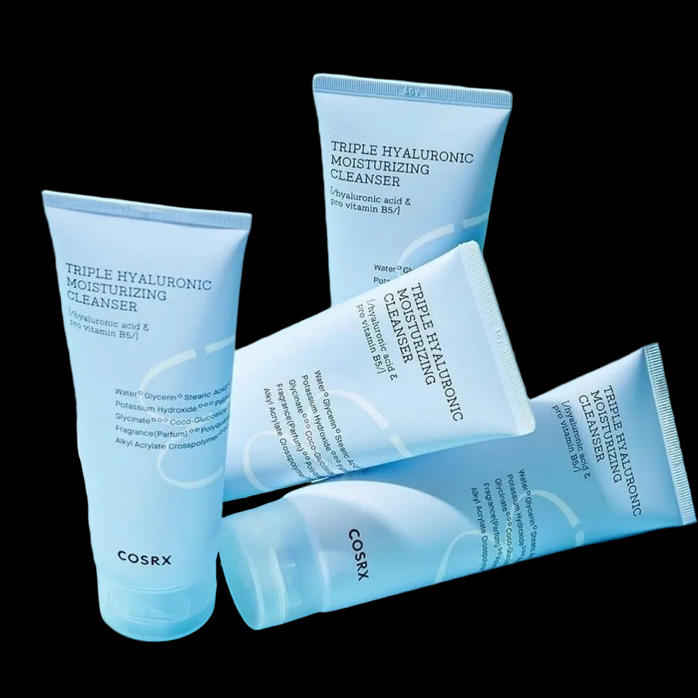 Cosrx Triple Hyaluronic Moisturizing Cleanser tubes on a light blue background
